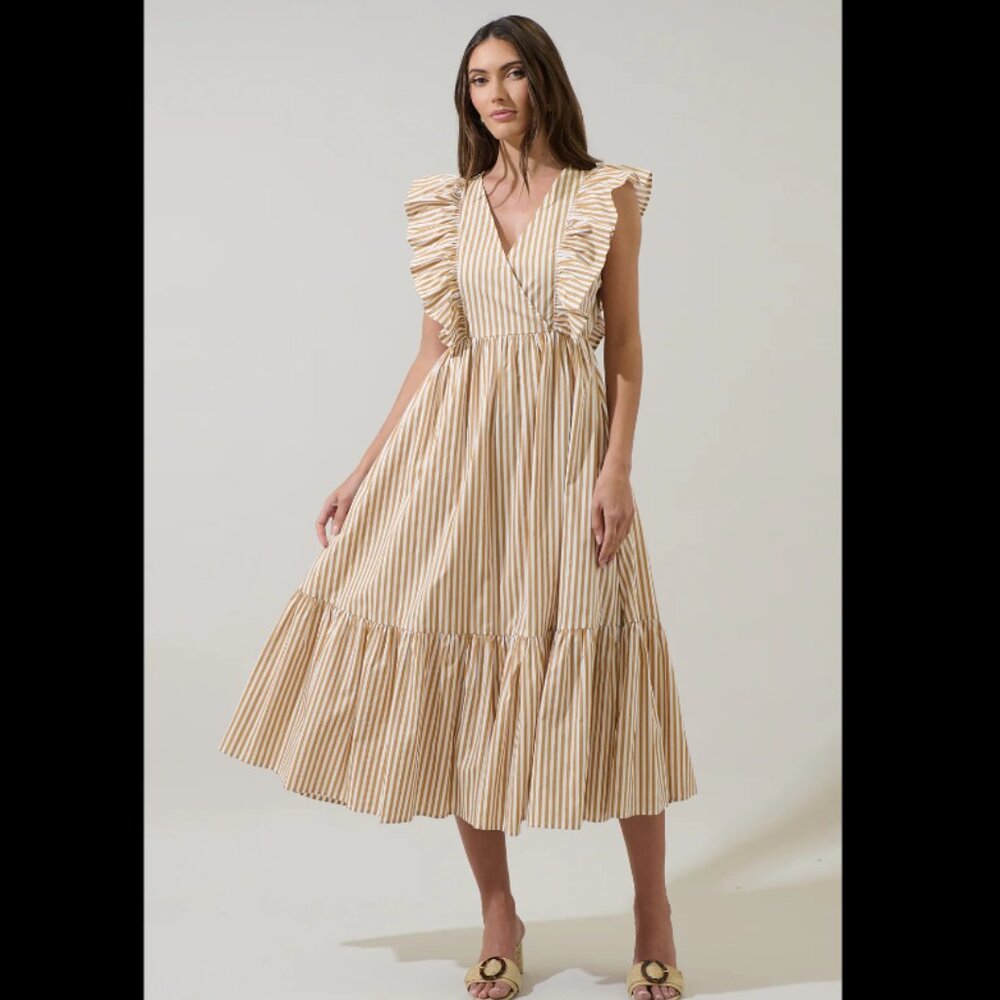 NWT Luna Striped Fairness Taupe Poplin Surplice Midi Dress Size S